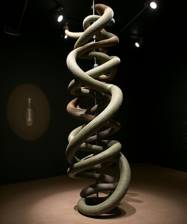 天井から吊り下げられた、DNAの螺旋のように絡み合う複数のヘビの彫刻。