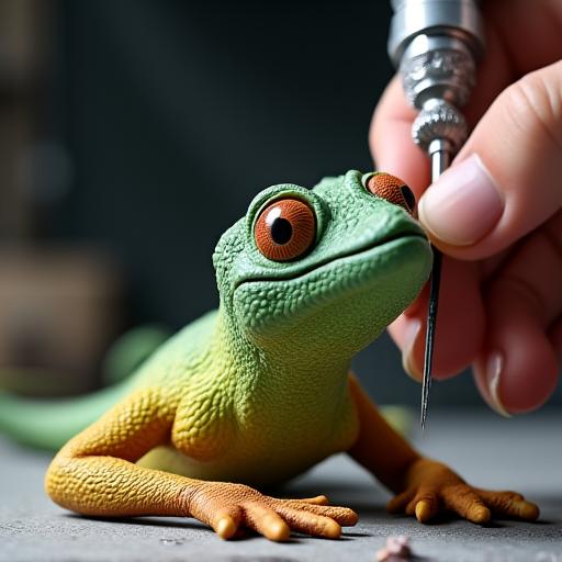 エアブラシでヤモリの彫刻にグラデーション塗装を施している様子。